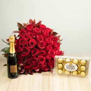 Kit 36 Rosas Importadas Vermelhas com Ferrero Rocher e Chandon