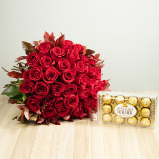 Kit 36 Rosas Importadas Vermelhas e Ferrero Rocher